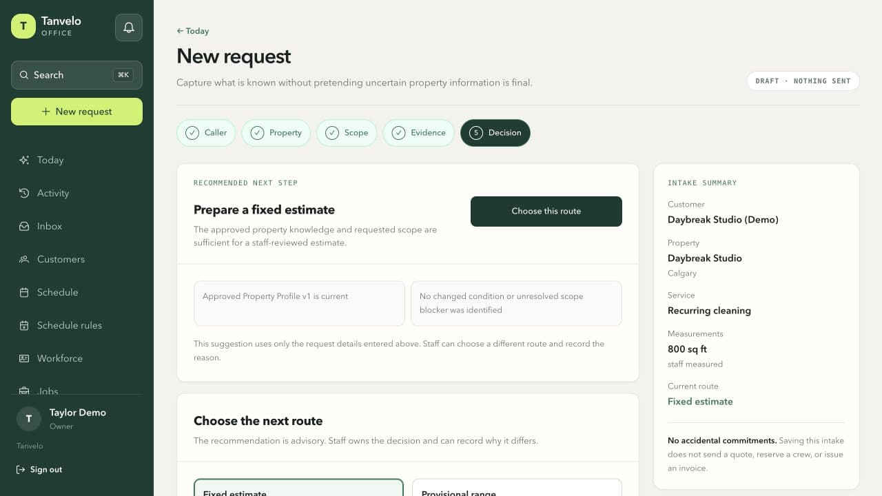 Tanvelo New request Decision screen preparing a fixed estimate for fictional Daybreak Studio with property measurements and request details.