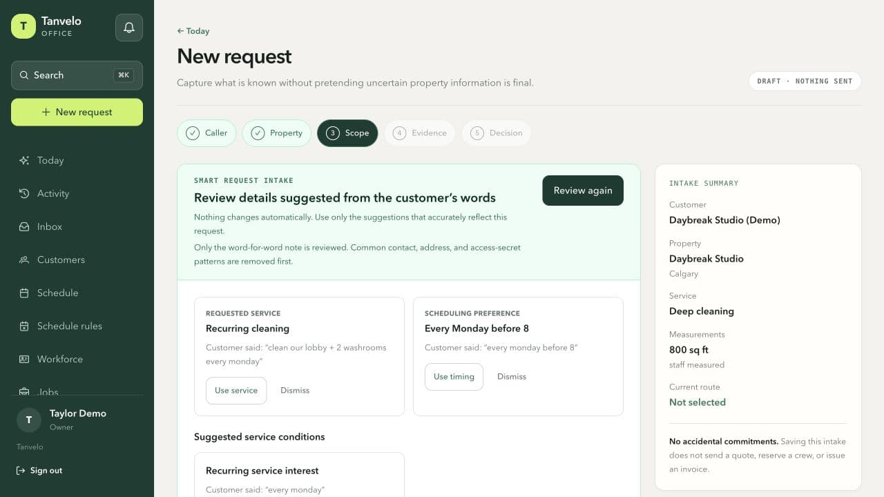 Tanvelo New request screen reviewing a recurring cleaning request for fictional Daybreak Studio, with customer and property context beside the scope.